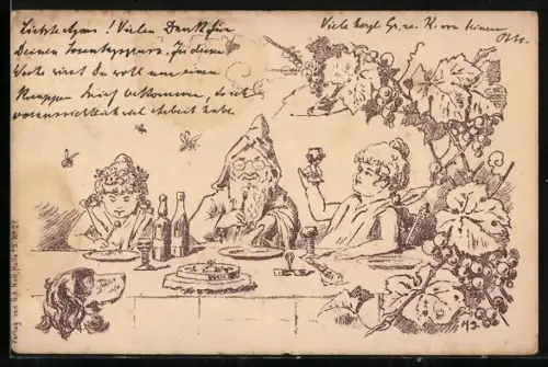 Lithographie Zwerg sitzt mit zwei Kindern und einem Hund an einem Tisch