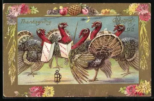 Künstler-AK Thanksgiving, Truthähne in buntem Rahmen