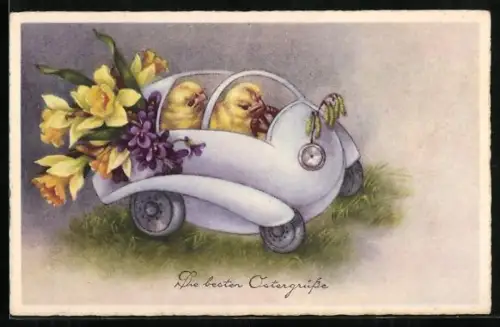 Künstler-AK Zwei Osterküken fahren in einem Eier-Auto mit Narzissen