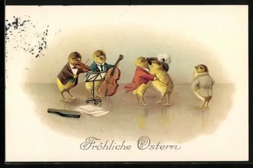 Künstler-AK Osterküken musizieren und tanzen, Fröhliche Ostern