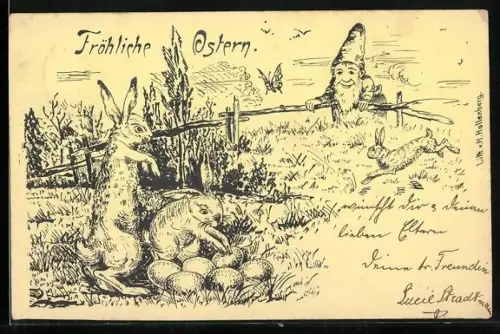 Lithographie Zwerg beobachtet zwei Osterhasen beim verteilen von Ostereiern