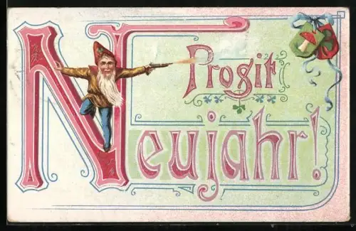 Künstler-AK Zwerg schiesst eine Waffe zum neuen Jahr, Prosit Neujahr