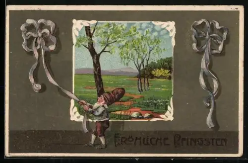 Künstler-AK Fröhliche Pfingsten!, Zwerg bindet eine Schleife, Landschaftsmotiv