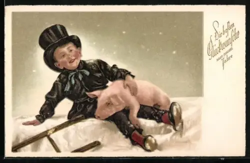 Künstler-AK Kleiner Schornsteinfeger sitzt mit einem Schwein auf dem Schoss im Schnee