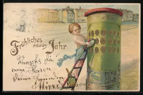 Lithographie Kind poliert Münzen an einer Litfasssäule, Fröhliches neues Jahr