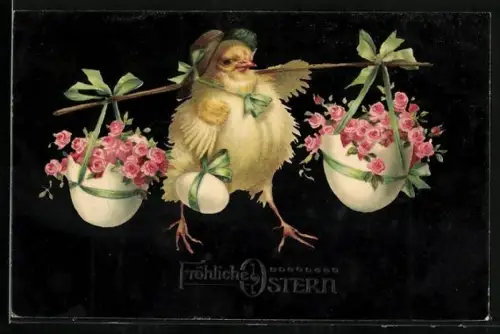 Künstler-AK Osterküken trägt Eierschale mit rosanen Rosen, Fröhliche Ostern