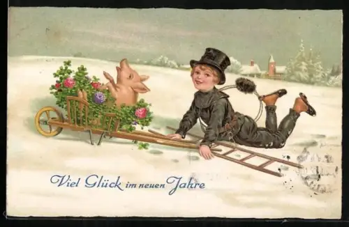 Künstler-AK Schornsteinfeger und Glücksschwein fallen in den Schnee, Neujahr