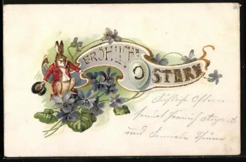 Lithographie Osterhase mit Veilchen und einem Banner Fröhliche Ostern