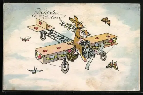 Künstler-AK Osterhase fliegt auf einem Flugzeug durch die Luft