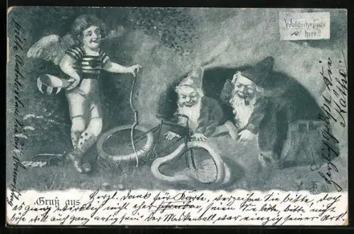 Künstler-AK Engel bringt sein kaputtes Fahrrad zu zwei Zwergen