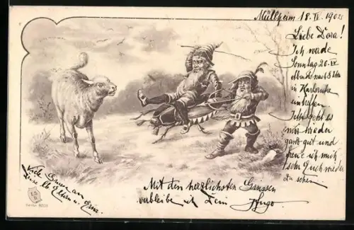 Lithographie Zwei Zwerg greifen ein Schaf an