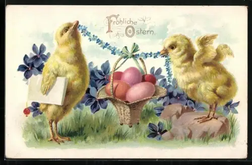 Präge-AK Osterküken tragen einen Korb mit Ostereiern an einer Blumengirlande, Fröhliche Ostern!