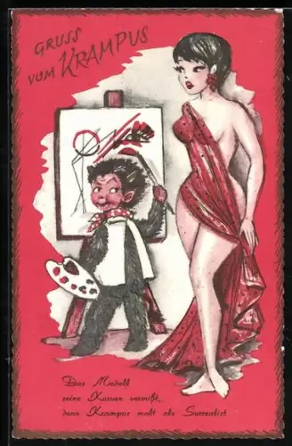AK Krampus als Surrealist mit halbnackter Dame, Gruss vom Krampus