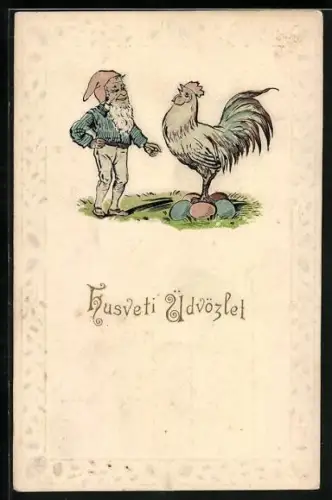 AK Zwerg mit Huhn und Ostereiern