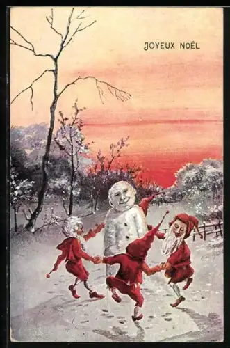 AK Zwerge tanzen um Schneemann, Glückliches Neujahr