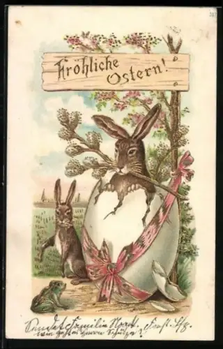 Lithographie Osterhasen blicken auf einen Frosch, Fröhliche Ostern