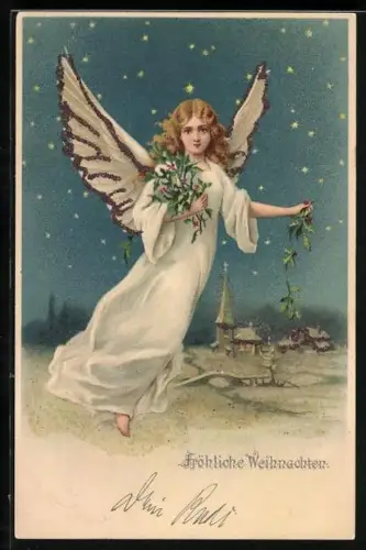 AK Weihnachtsengel lässt Beerenzweige auf den verschneiten Ort fallen, Sterne