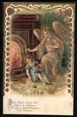 Künstler-AK Schutzengel wacht über schlafendes Kind