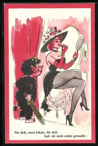 AK Krampus mit leicht bekleideter Dame