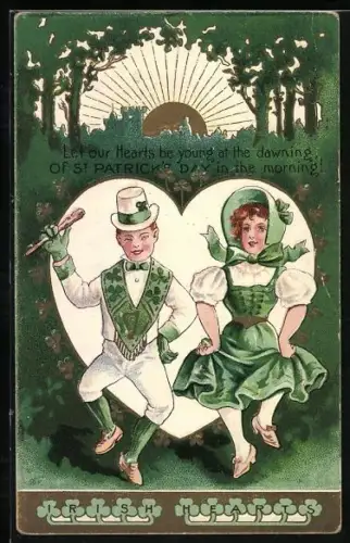 AK St. Patrick`s Day, Tanzendes Paar vor einem Herz und Kleeblättern