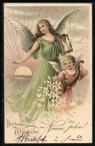 AK Neujahrsengel mit Sanduhr und Horn