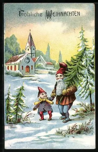 AK Zwerg mit Sohn und Weihnachtsbaum im Schnee