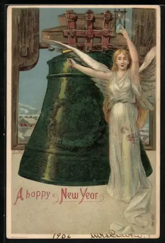 Lithographie Neujahrsengel mit Sanduhr an einer Glocke, Prosit Neujahr