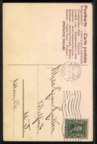 Lithographie Neujahrsengel mit Sanduhr an einer Glocke, Prosit Neujahr