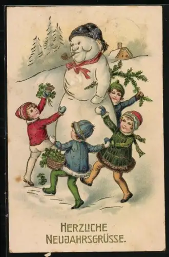 AK Schneemann mit tanzenden Kindern