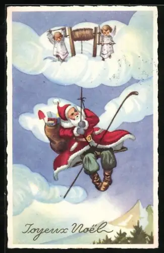AK Weihnachtsmann seilt sich aus dem Himmel ab