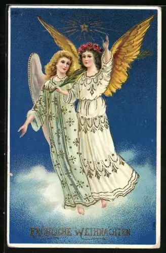 AK Weihnachtsengel über den Wolken schwebend