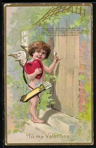 AK To my Valentine, Valentinstag, Amor klopft mit Herz im Arm an Tür, Golddruck