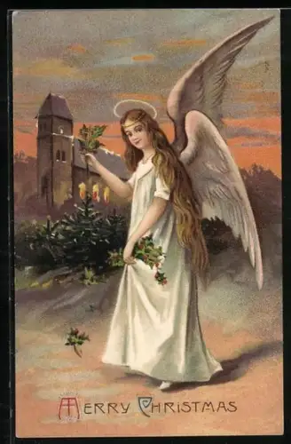 AK Weihnachtsengel im Abendrot vor einer Kirche