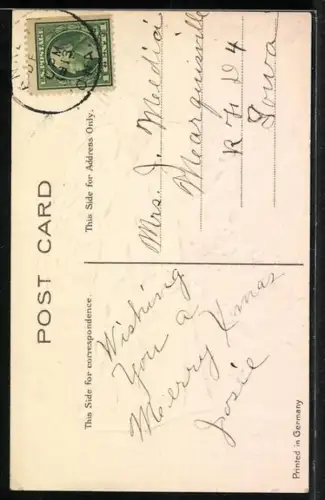 AK Weihnachtsengel im Abendrot vor einer Kirche