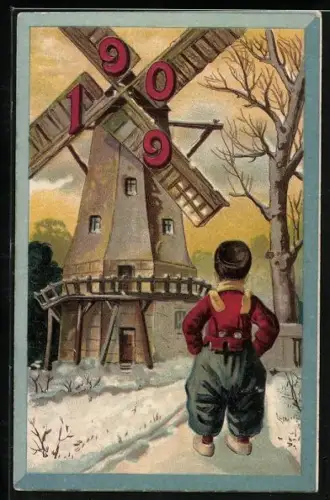 AK Viel Glück im neuen Jahre, Knabe vor Windmühle