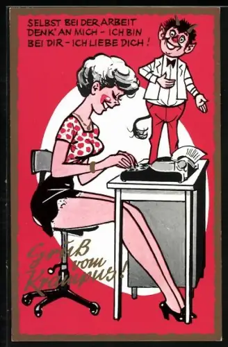 AK Selbst beid er Arbeit..., Krampus steht auf Schreibtisch von Sekretärin