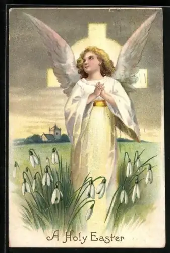 Künstler-AK Osterengel vor einem leuchtenden Kreuz, A Holy Easter
