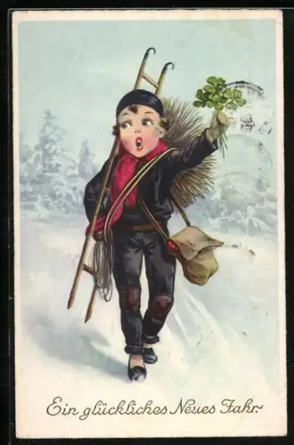 Künstler-AK Kleiner Schornsteinfeger mit Klee in einer verschneiten Landschaft, Neujahr