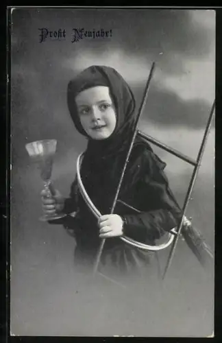 AK Kleiner Schornsteinfeger mit Kelch und Leiter, Prosit Neujahr