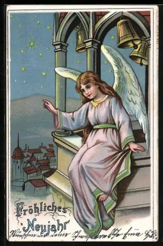 Lithographie Neujahrsengel auf einem Glockenturm, Fröhliches Neujahr