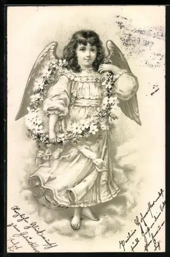 Lithographie Engel mit Blumenkranz in langem Kleid
