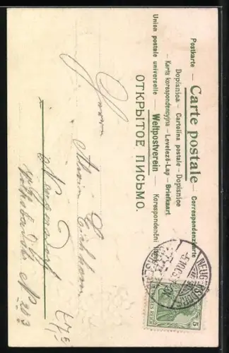 Lithographie Engel sitzt auf dem Mond mit Vergissmeinnicht und Herzen