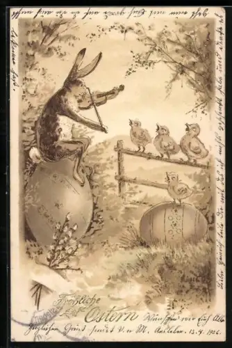 Lithographie Fröhliche Ostern, Osterhase spielt Geige mit singenden Osterküken