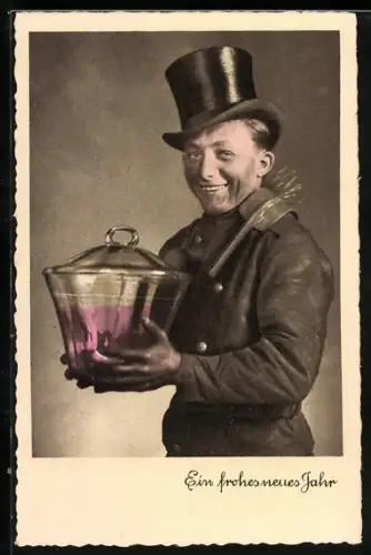 AK Schornsteinfegel mit Topf, Neujahrsgruss