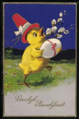 Künstler-AK Osterküken mit Osterei und Hut