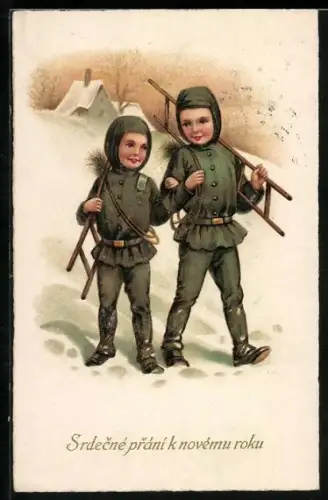 Künstler-AK Zwei kleine Schornsteinfeger im Schnee