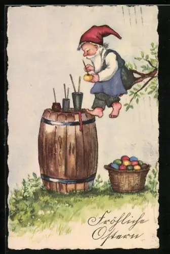 Künstler-AK Zwerg bemalt ein Osterei, Fröhliche Ostern