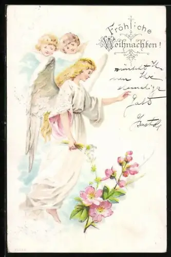 Lithographie Drei Weihnachtsengel mit Blumen, Fröhliche Weihnachten