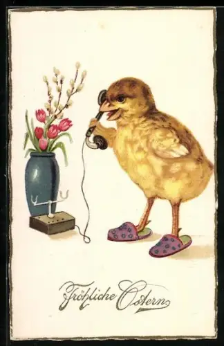 Künstler-AK Osterküken telefoniert neben einer Blumenvase, Fröhliche Ostern