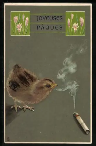 Künstler-AK Osterküken mit einer Zigarette, Joyeuses Paques